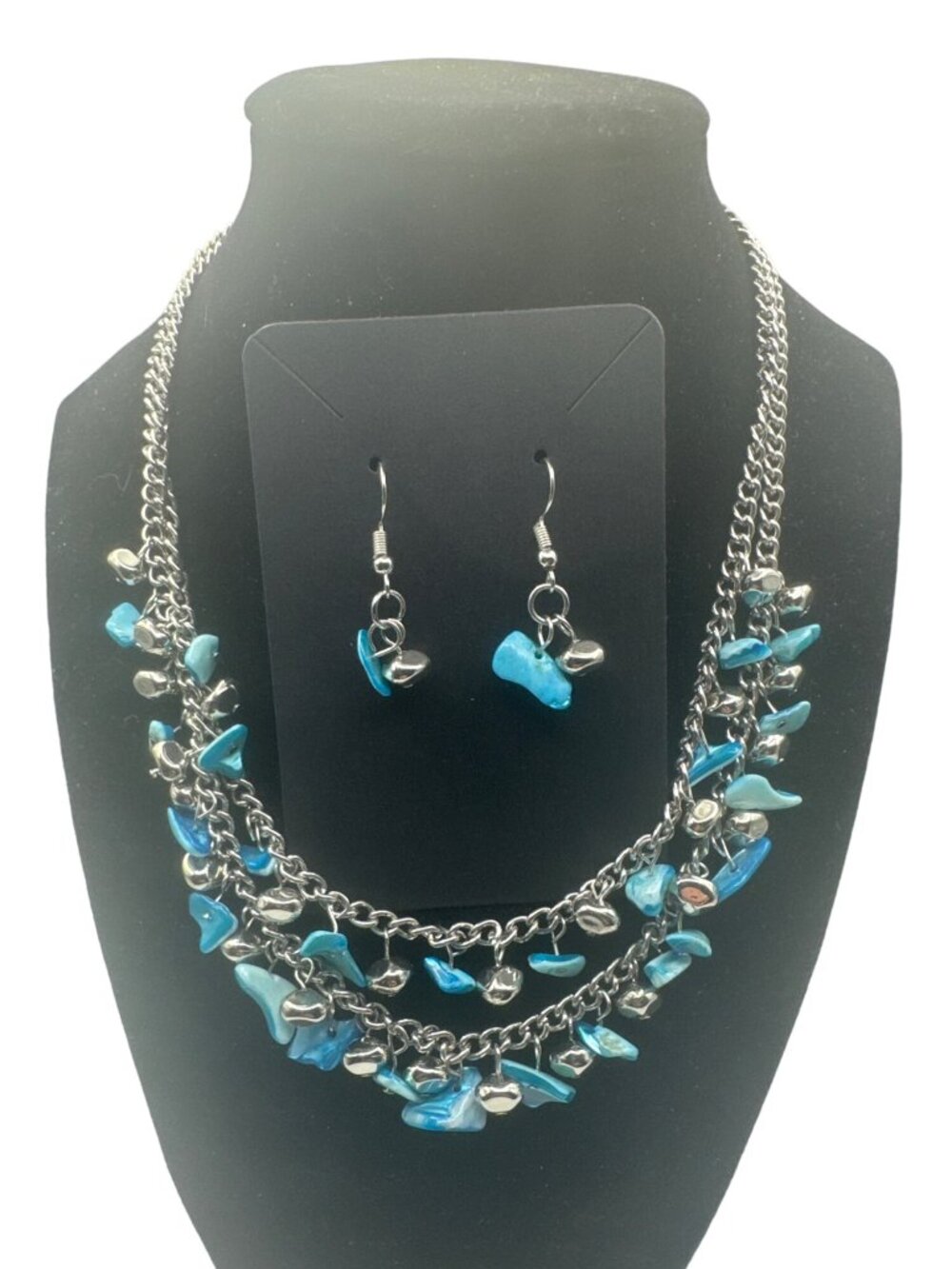Turquoise and Silver Tone Beaded Necklace and Earring Set